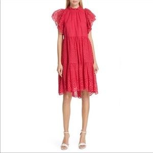 Ulla Johnson Norah Eyelet Fuschia Ruffle Sleeve Midi Dress